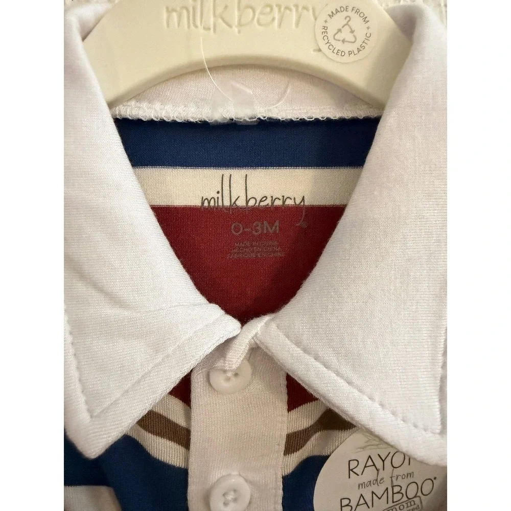 Milkberry Bamboo Rayon Striped Polo Footed Romper Red Blue White 0-3M NWT